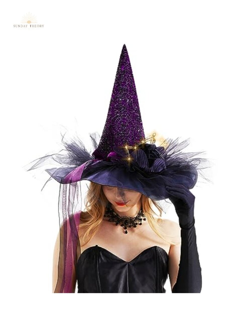 Women's LED Lighted Witch Hat Halloween Costume with Gauze Feathers
